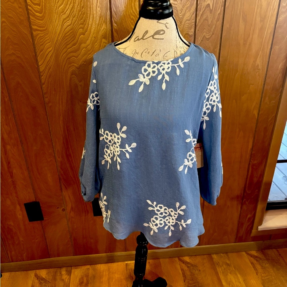 Annalee Light blue and Gray Embellished Blouse with 3/4 Bell Sleeves